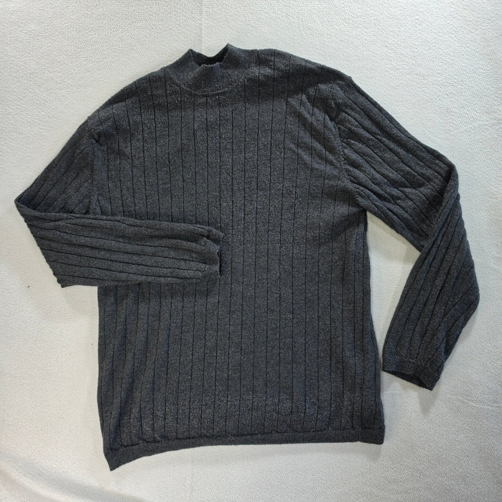 J. Ferrar Dark Academia Mock Neck Sweater XL Merino Wool Ribbed Minimalist Grey